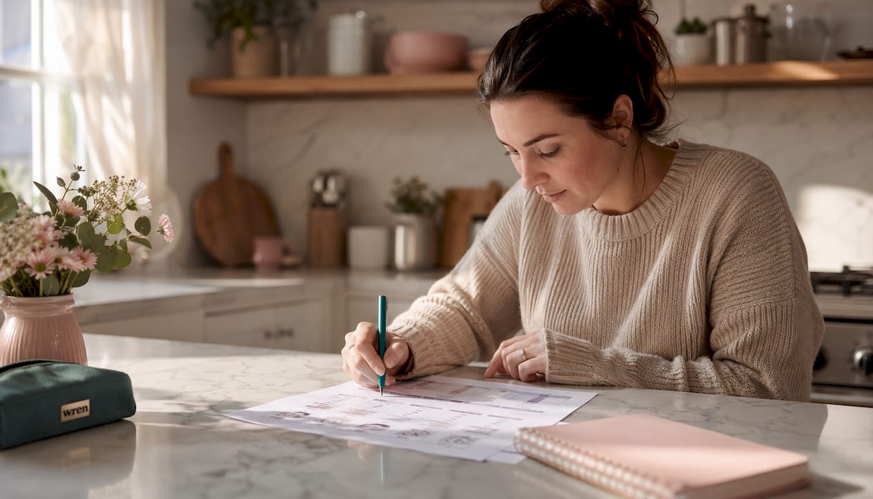 Mother reviewing breast pump comparison chart at home table