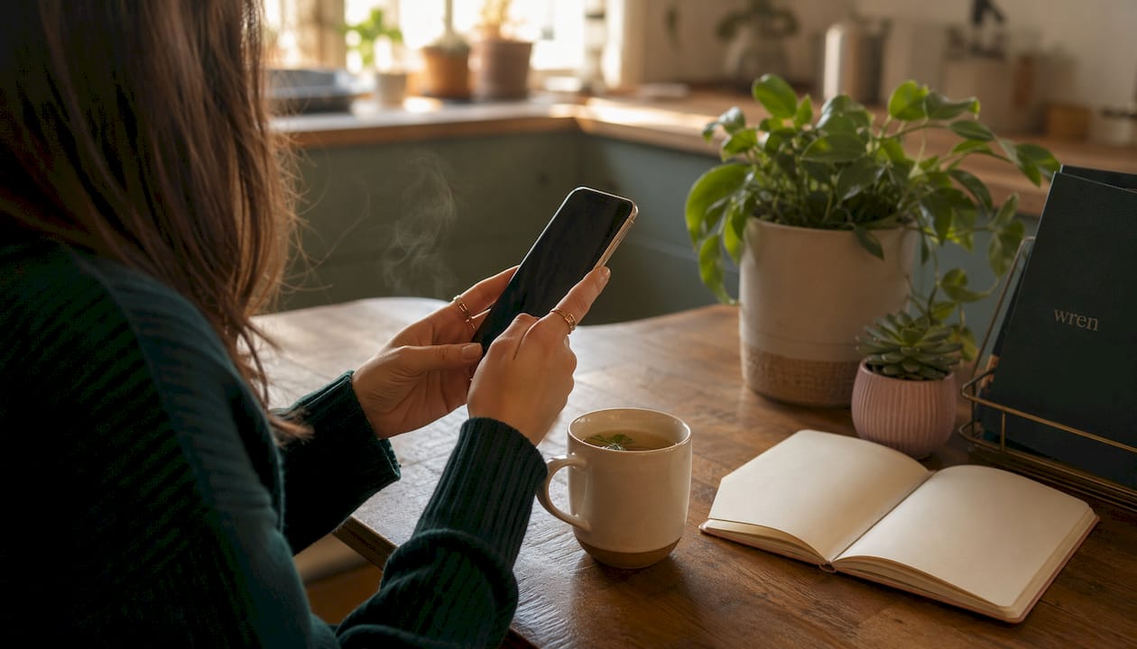Hands using phone to record pregnancy milestone notes