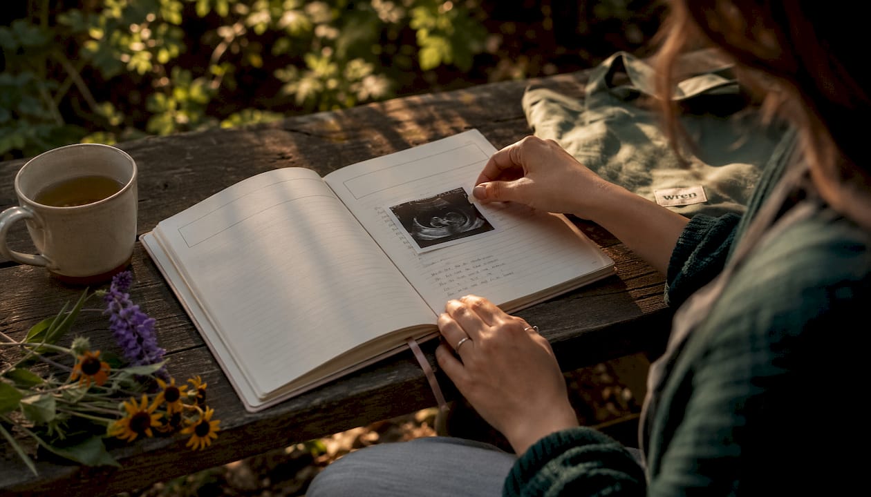 Hands attaching photo in pregnancy journal