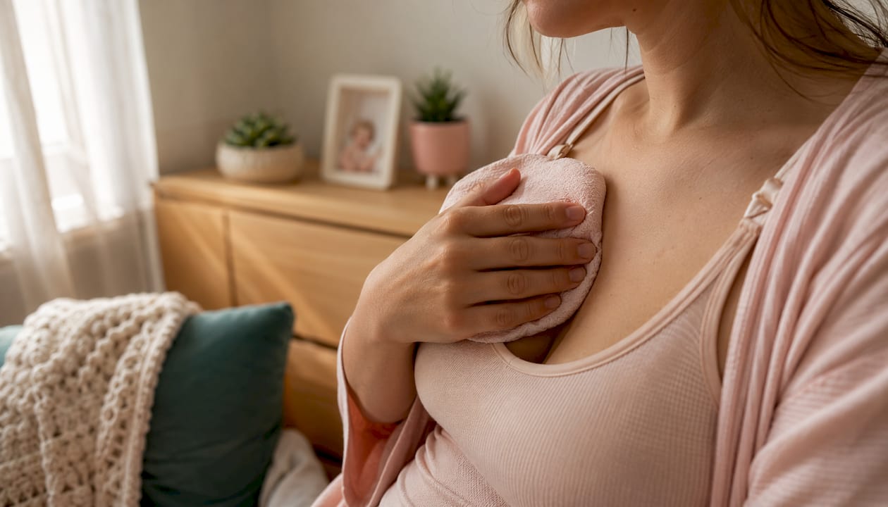Close-up of warm compress on breast