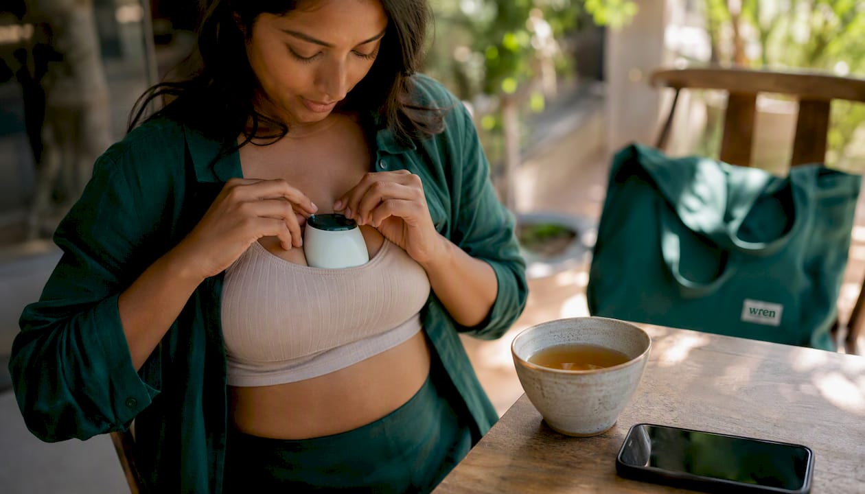 Hands adjusting wearable breast pump at café