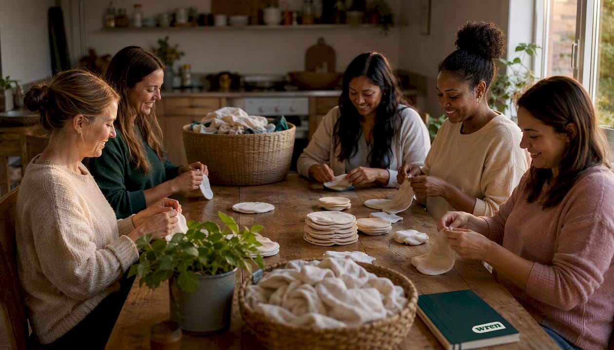 Hands folding reusable breast pads in kitchen
