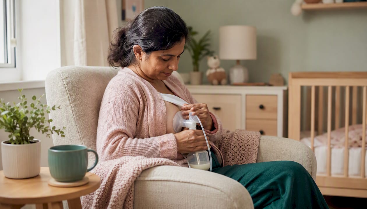 Mother demonstrating ergonomic posture for pumping