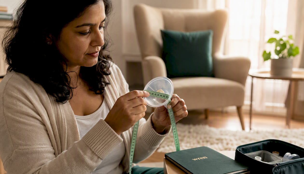 Hands measuring breast pump flange size