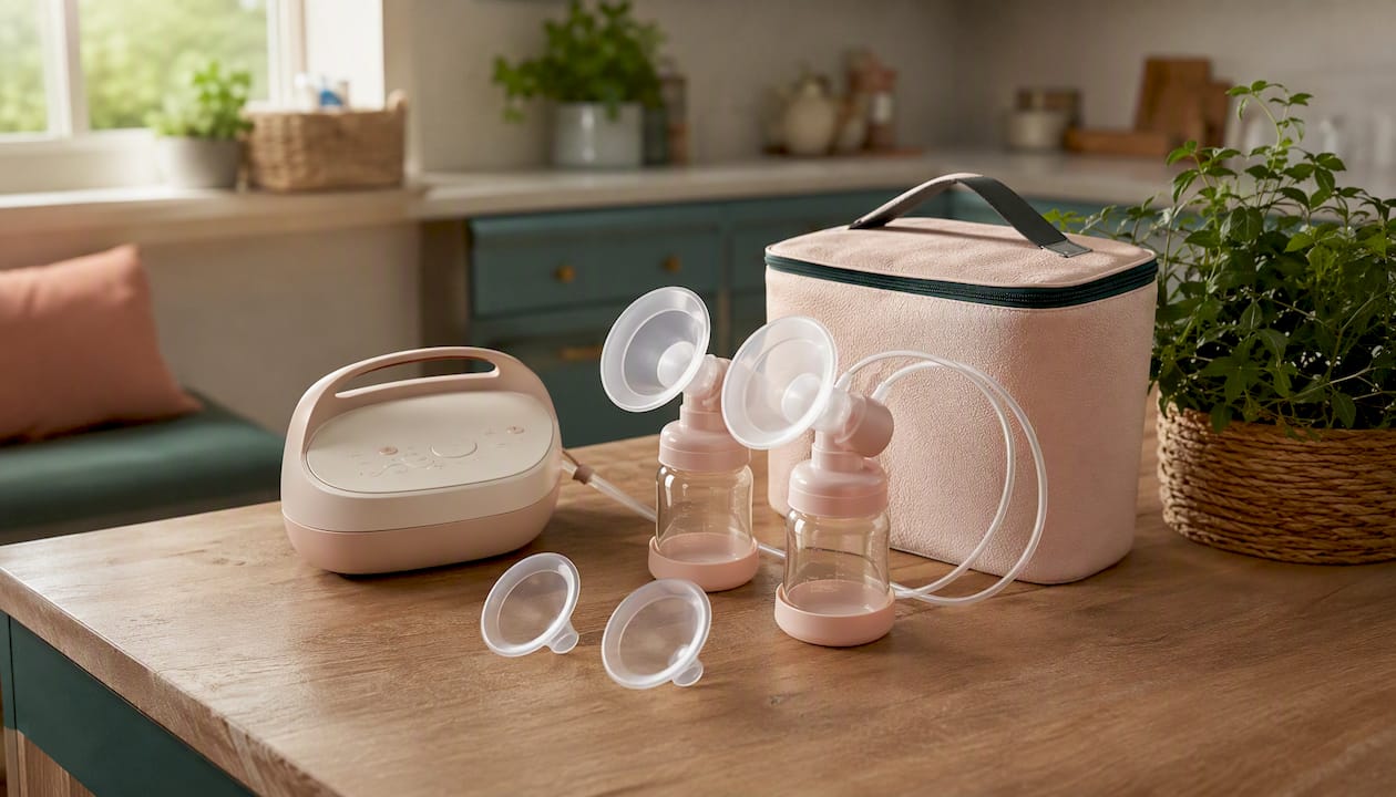 My-wren breast pump and accessories on table