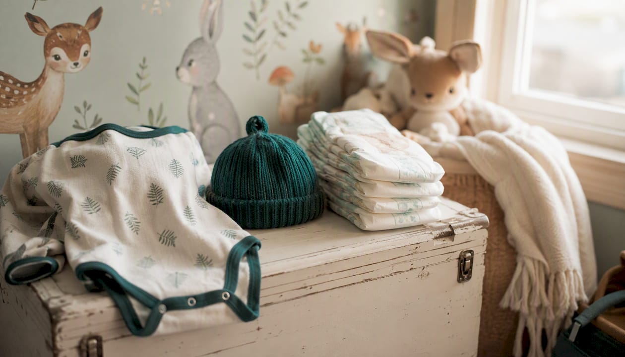 Postnatal baby clothes and packing essentials on dresser