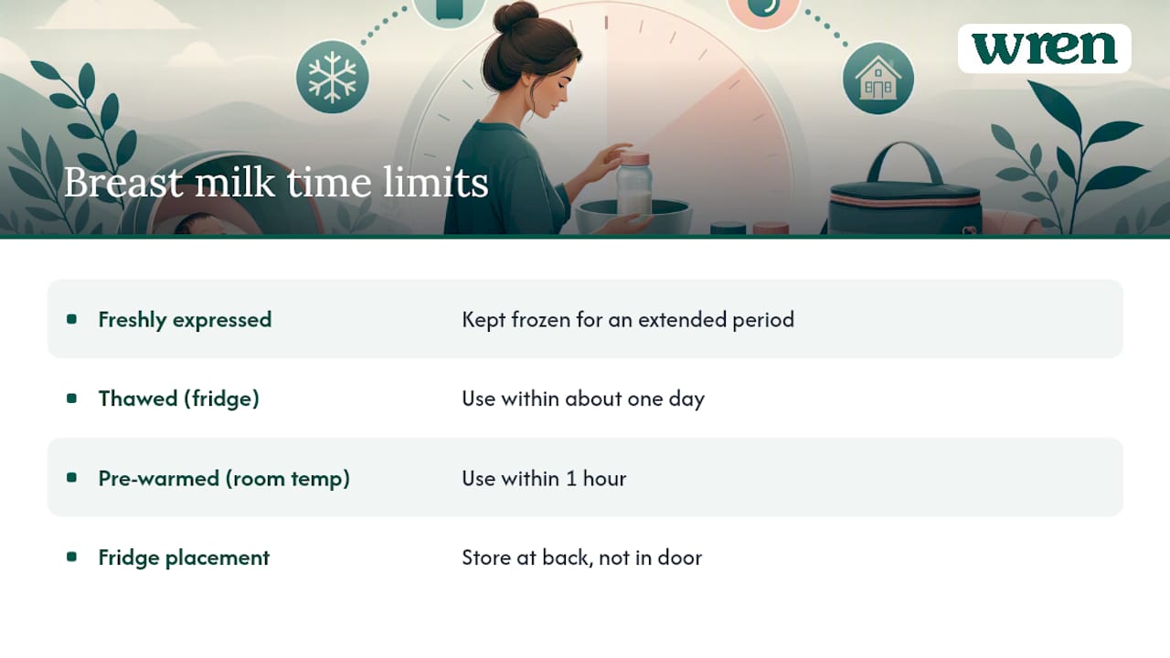 Diagram showing breast milk storage and use time limits