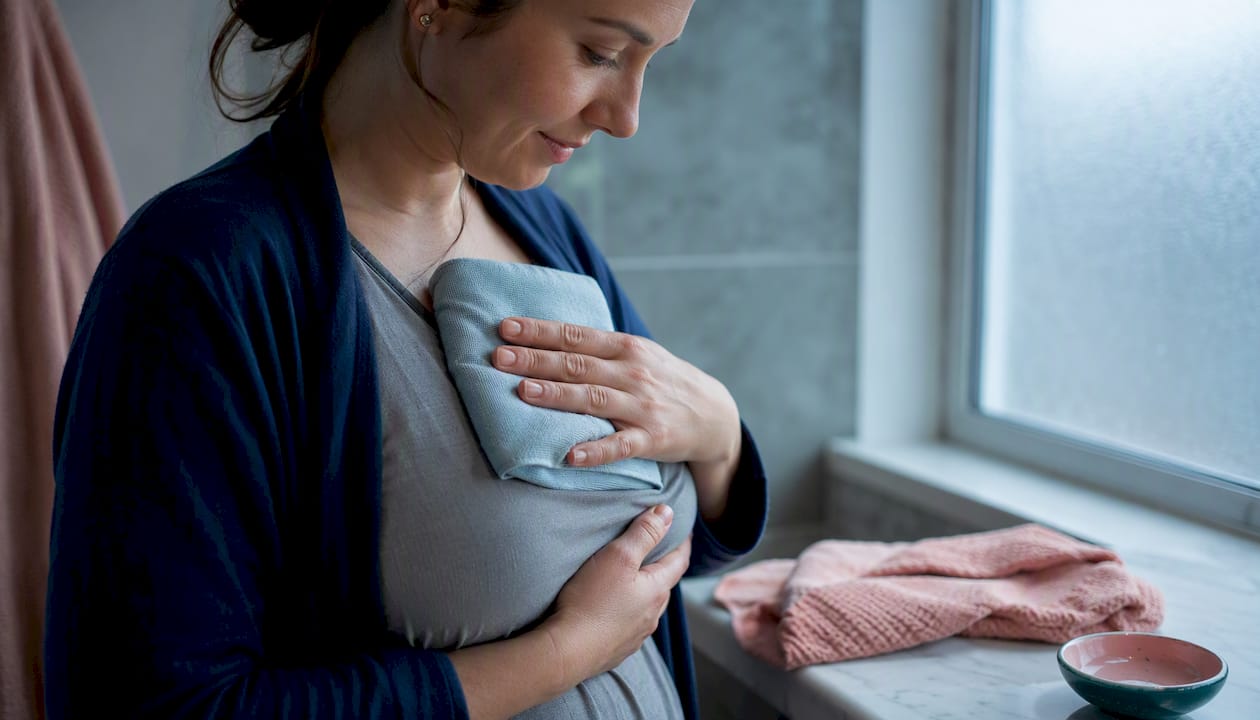 Mother applying cold compress for breast comfort