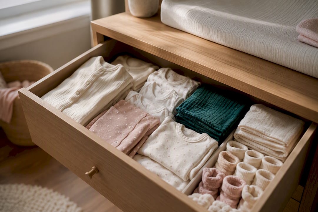 Organised drawer of folded newborn clothes