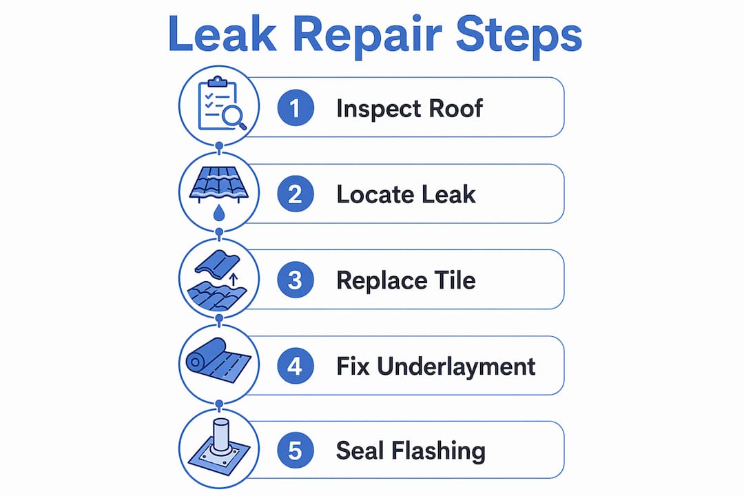 Infographic showing tile roof leak repair steps