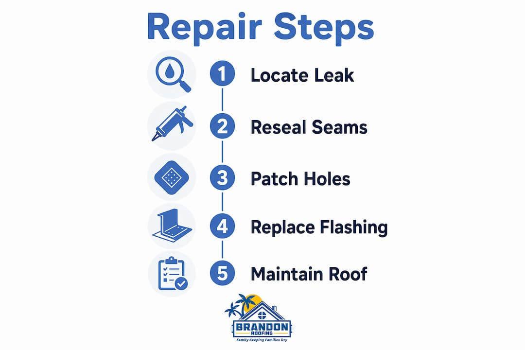 Vertical infographic of metal roof leak repair steps