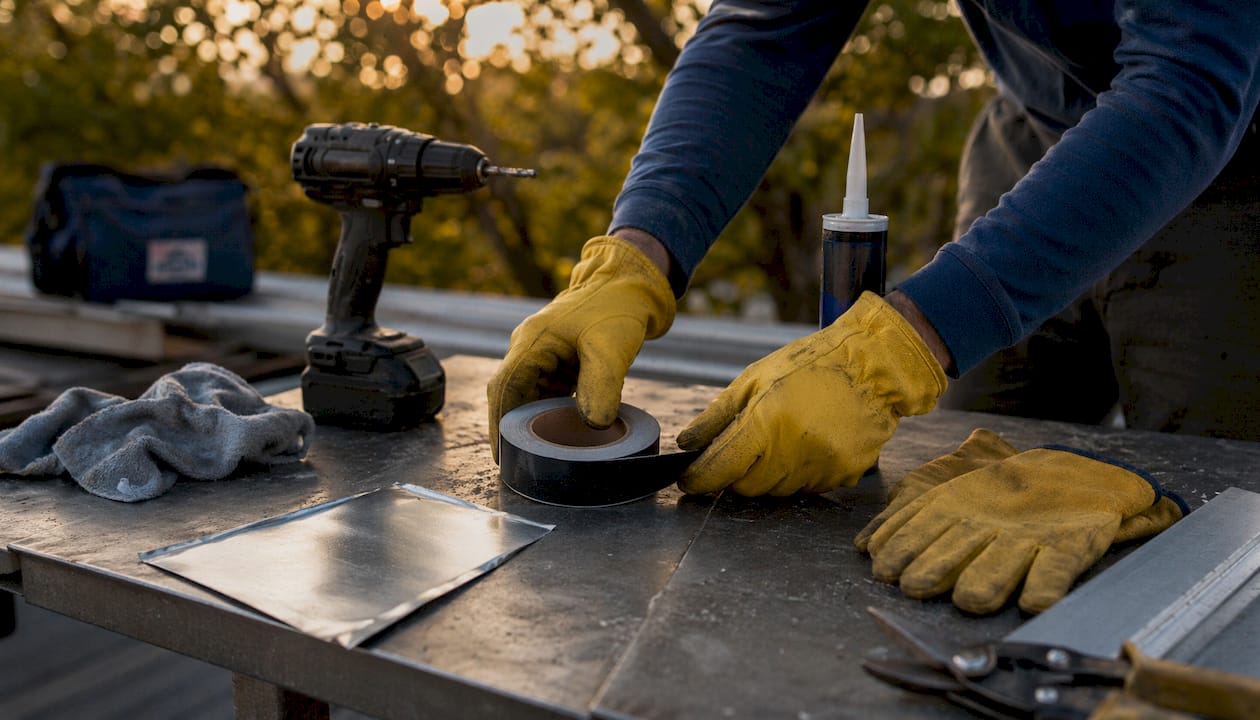Tools and materials for metal roof repair on workbench