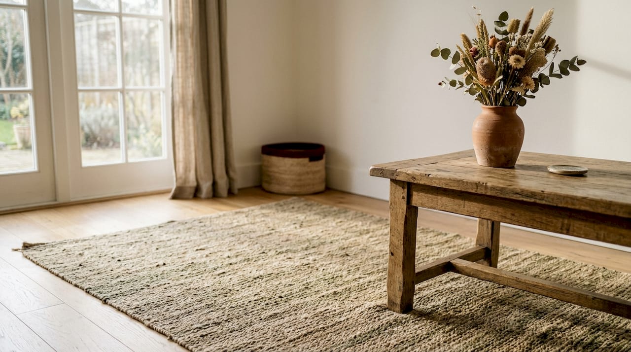 Detailansicht einer Keramikvase auf unbehandeltem Holz