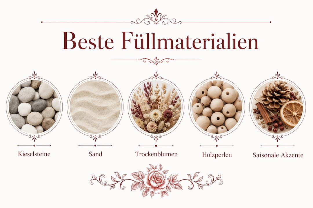 Eine anschauliche Übersicht der beliebtesten Materialien für das Befüllen von Vasen – von Klassikern bis zu außergewöhnlichen Alternativen.