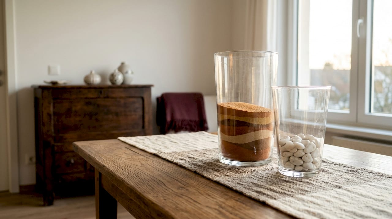Glasvasen, die mit buntem Sand und kleinen Kieselsteinen dekoriert sind