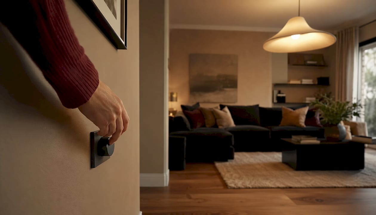 Jemand dreht am Dimmer und passt so das Licht im Wohnzimmer an.