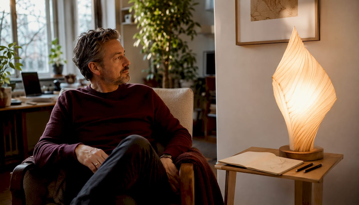 Eine handgefertigte Lampe aus natürlichen Materialien sorgt für eine behagliche Atmosphäre im Wohnzimmer.