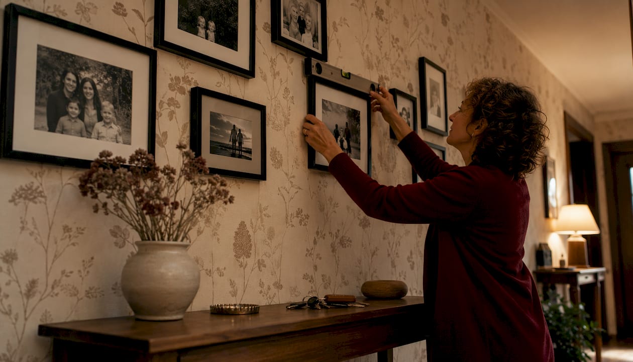 Eine Frau bringt im Flur Familienfotos an die Wand.