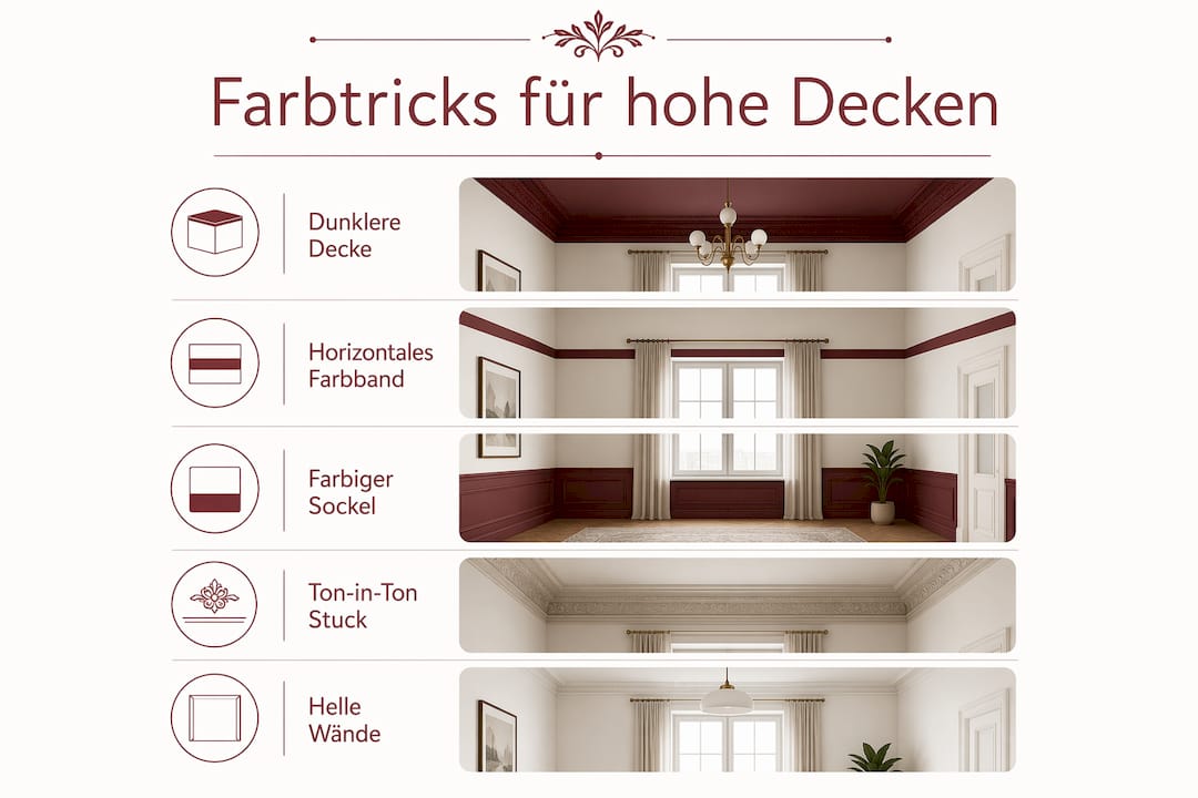 Gestaltungstipps für den Einsatz von Farben bei Räumen mit hohen Decken – anschaulich erklärt in einer Infografik