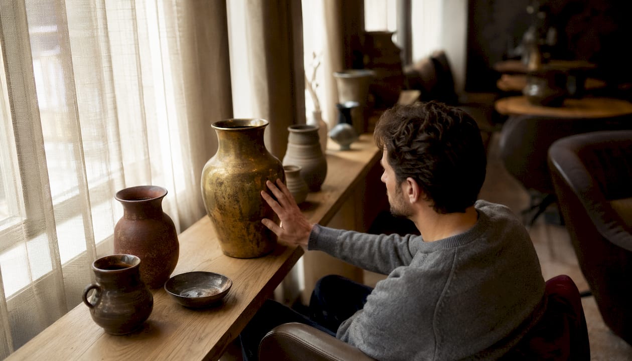 Ein Mann betrachtet eine Messingvase mit edler Patina, die im Wohnzimmer auf dem Sideboard steht.