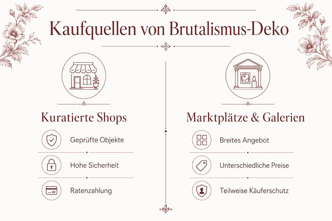 Infografik: Wo kauft man am besten Brutalismus-Deko? Ein Überblick der beliebtesten Bezugsquellen im Vergleich.
