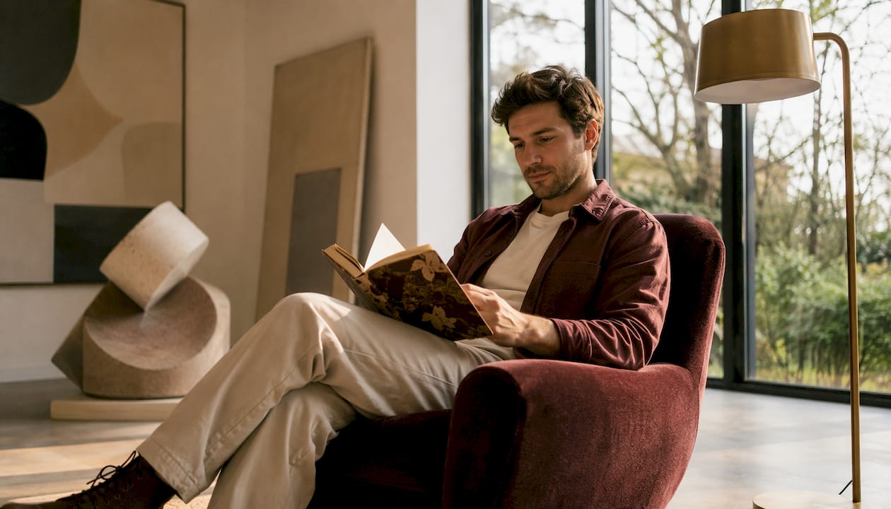 Ein Mann schlendert entspannt durch ein modern eingerichtetes Wohnzimmer im minimalistischen Stil und lässt seinen Blick durch den Raum schweifen.