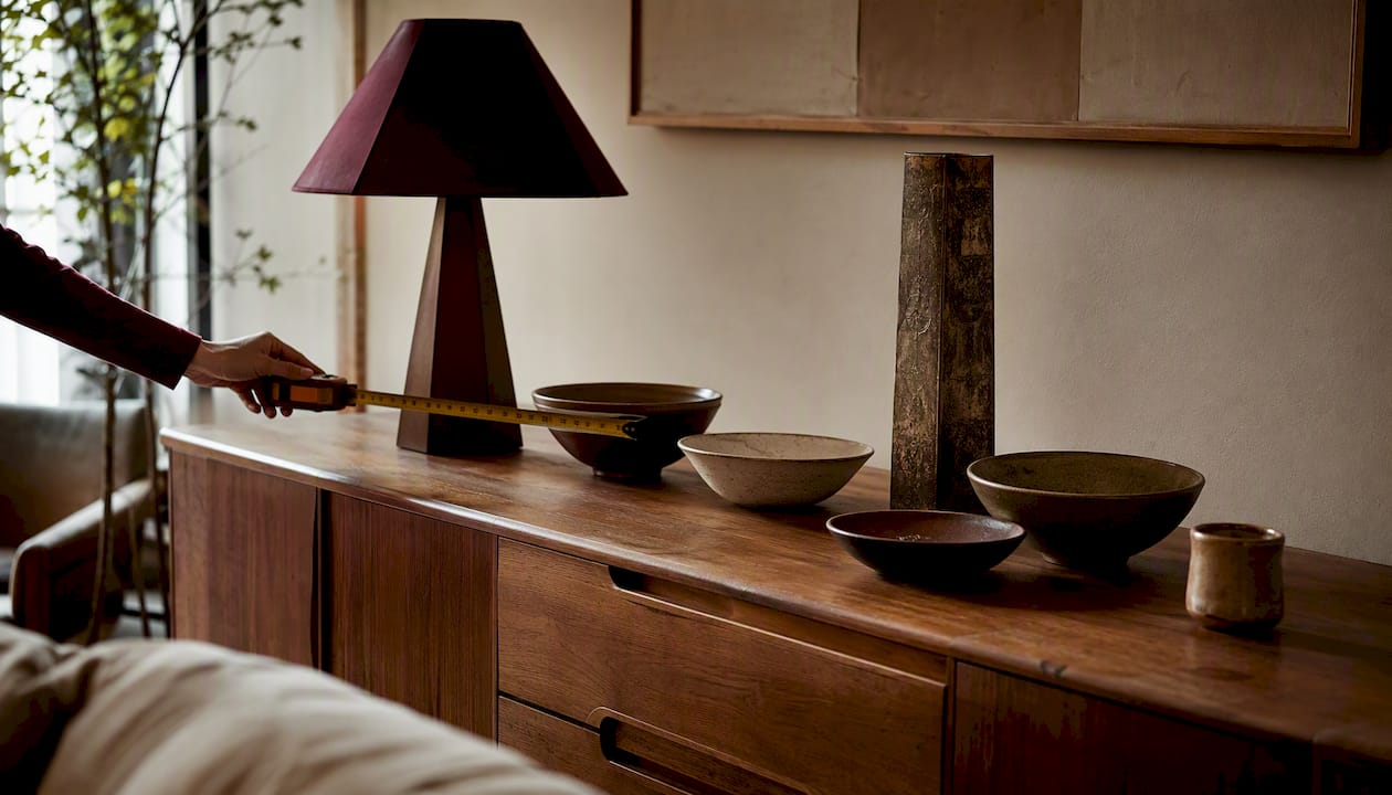 Seitliche Ansicht eines Sideboards mit stilvollen Dekorationen