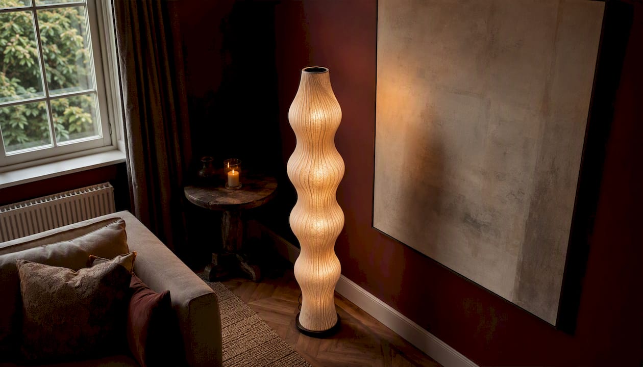 Skulpturale Design-Stehleuchte trifft auf illuminiertes Wandbild