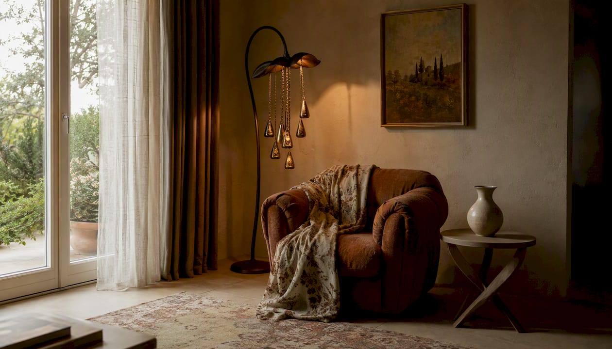 Eine kunstvoll gestaltete Stehleuchte als Blickfang im Wohnzimmer
