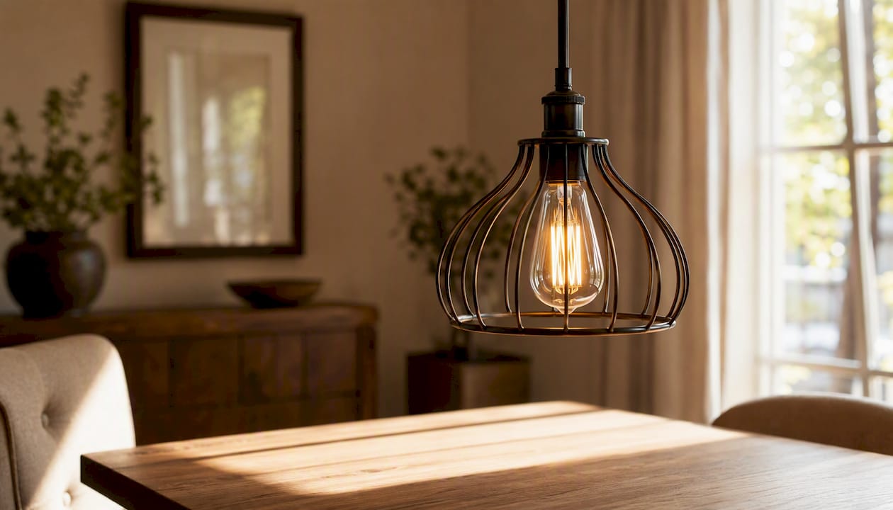 Offene Leuchte mit dekorativem Glühfaden-Leuchtmittel für einen modernen, industriellen Look