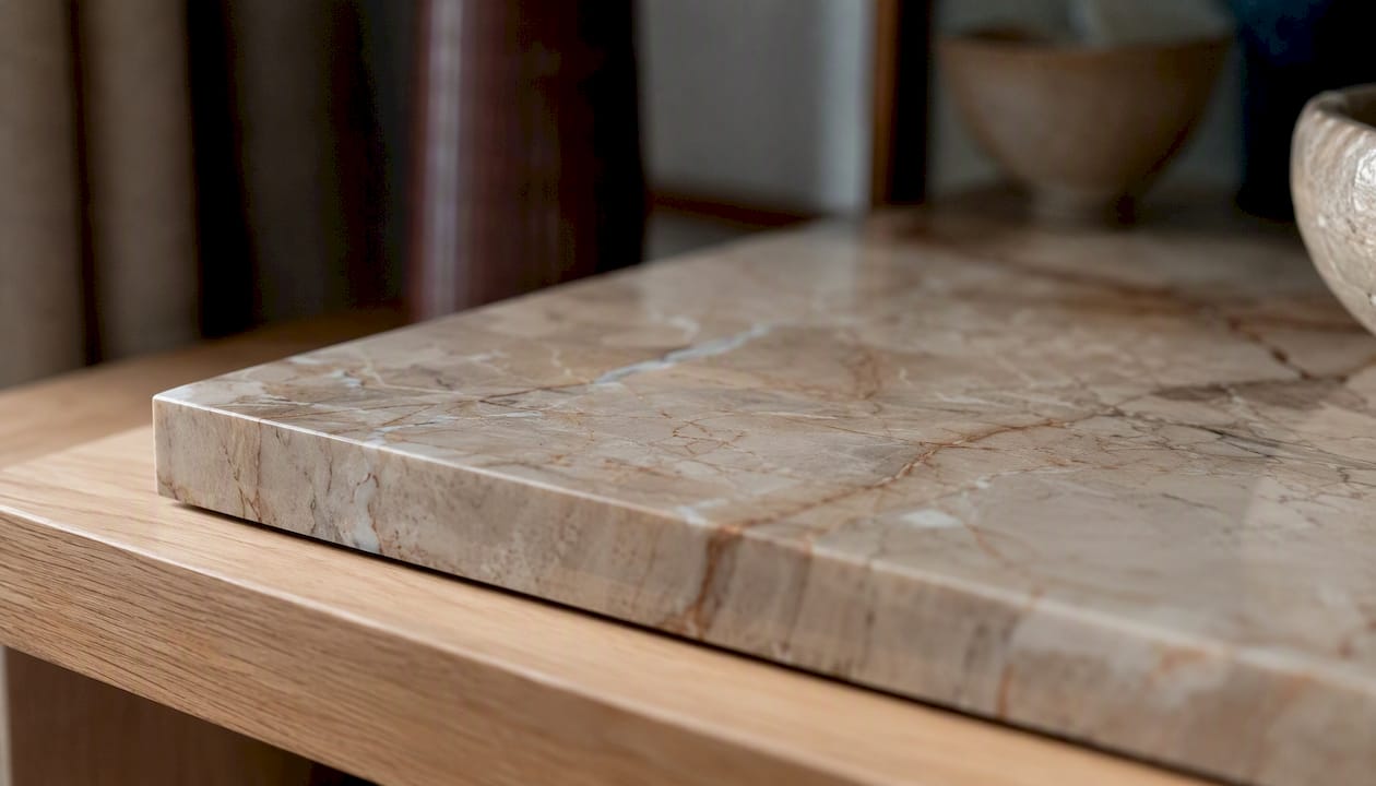 Detailaufnahme der Oberflächenstruktur und Maserung einer Marmorschale