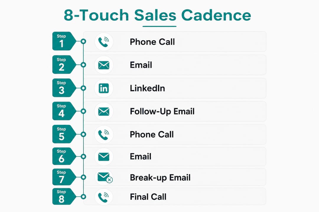 Infographic illustrating standard 8-touch sales cadence steps