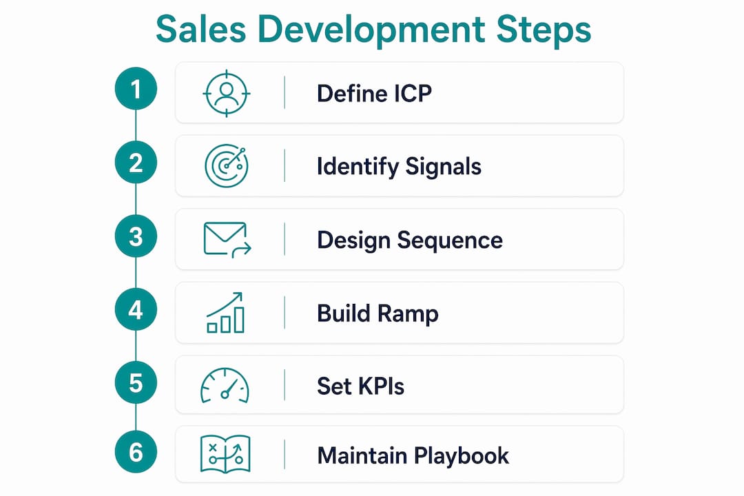 Infographic illustrating six key steps of sales development playbook