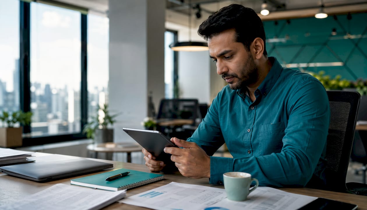 Professional reviewing B2B contact data on tablet