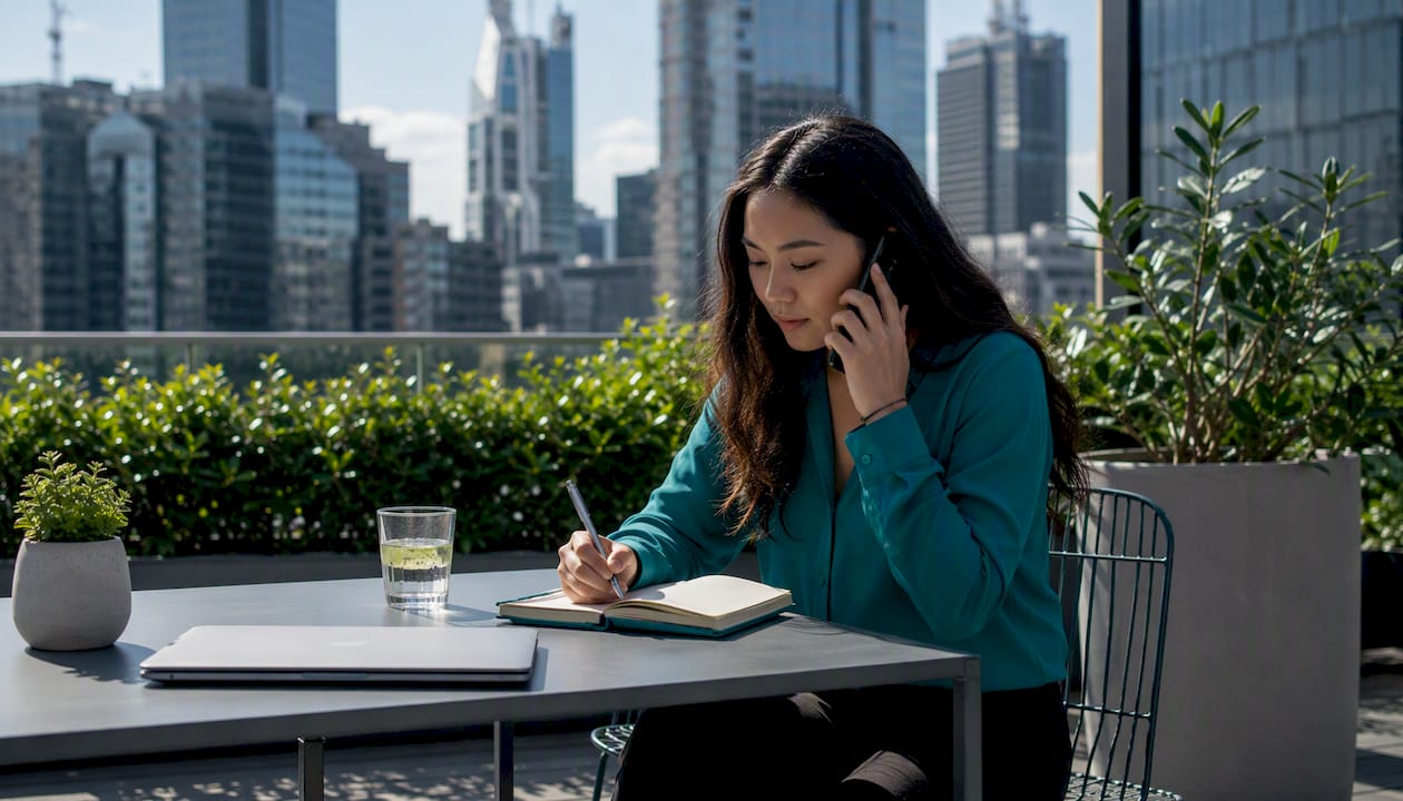 Professional woman making sales calls in office