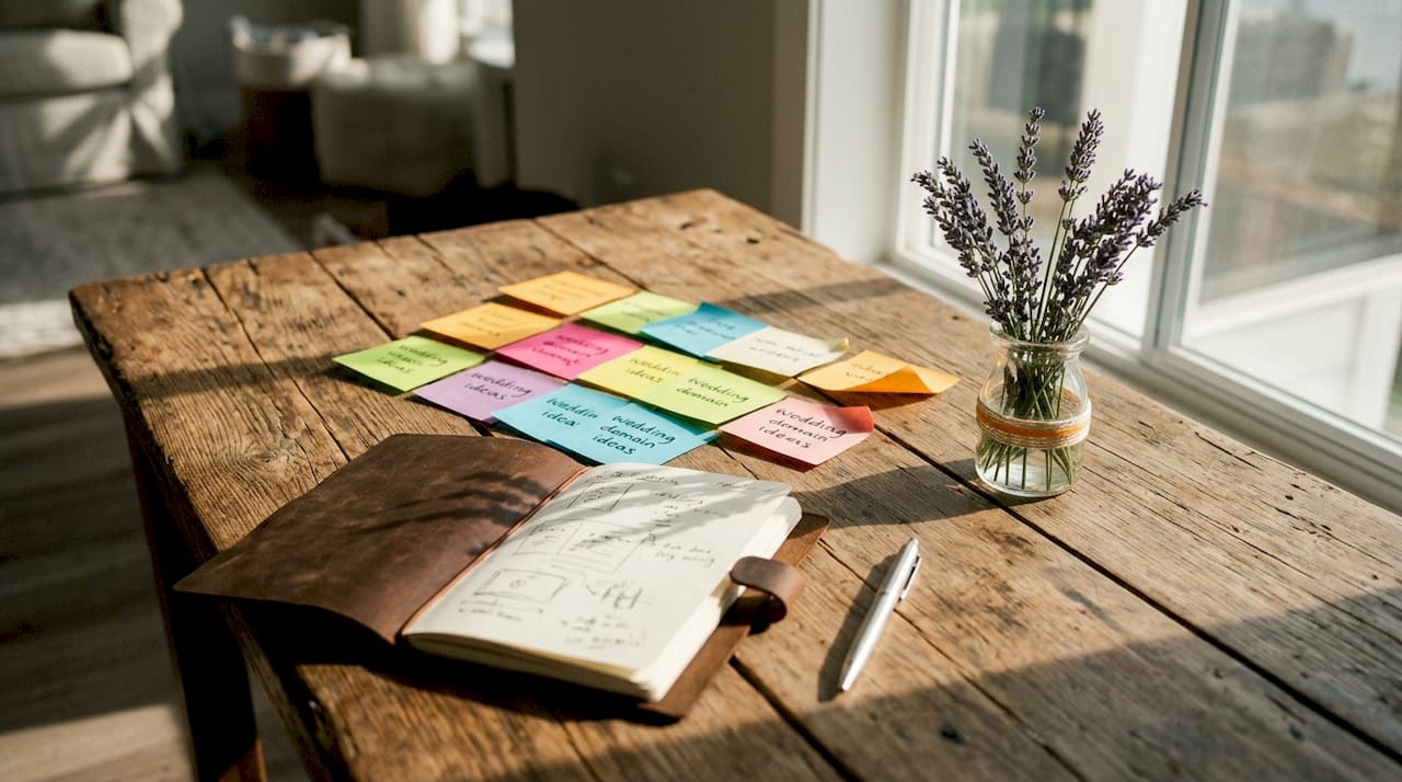 Flat lay of creative wedding domain ideas workspace