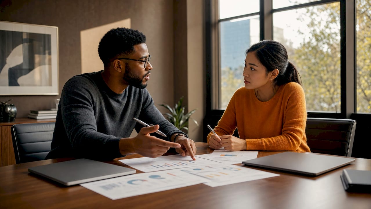 Two people discussing domain sale examples at table
