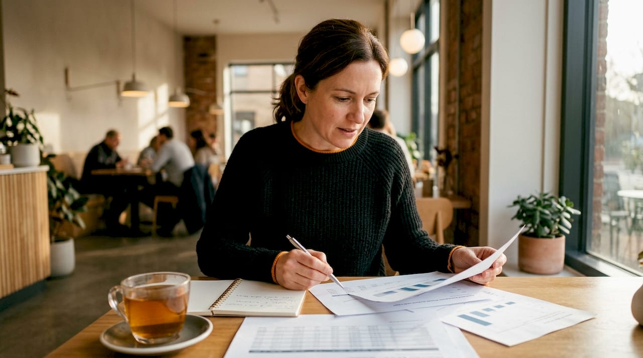 Expert reviewing printed domain valuation data