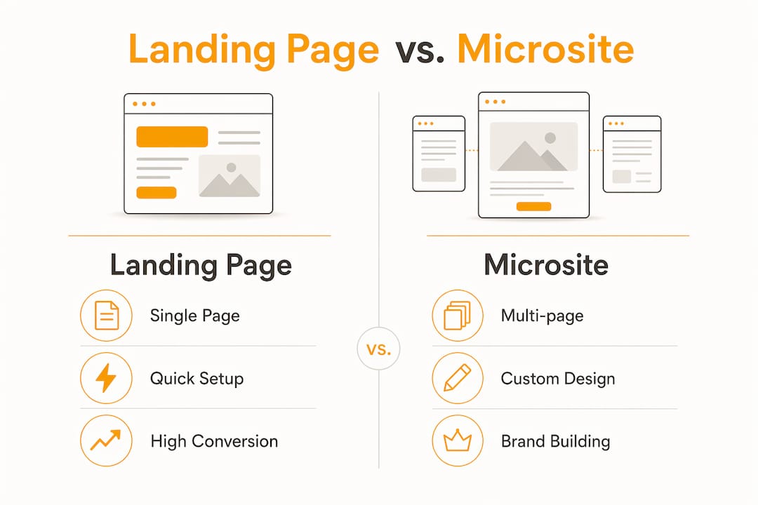 Infographic comparing landing page and microsite features