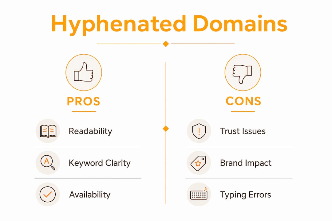 Infographic comparing pros and cons of hyphenated domains