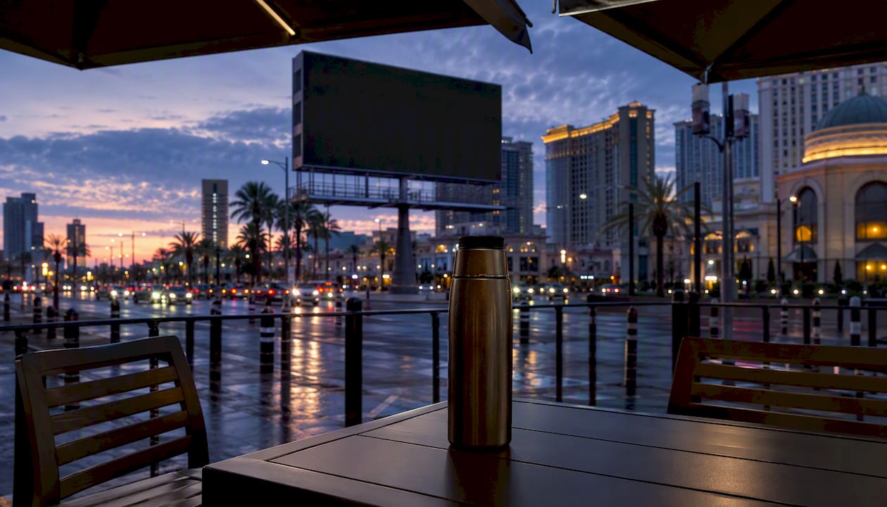 Silhouetted Las Vegas billboard at twilight