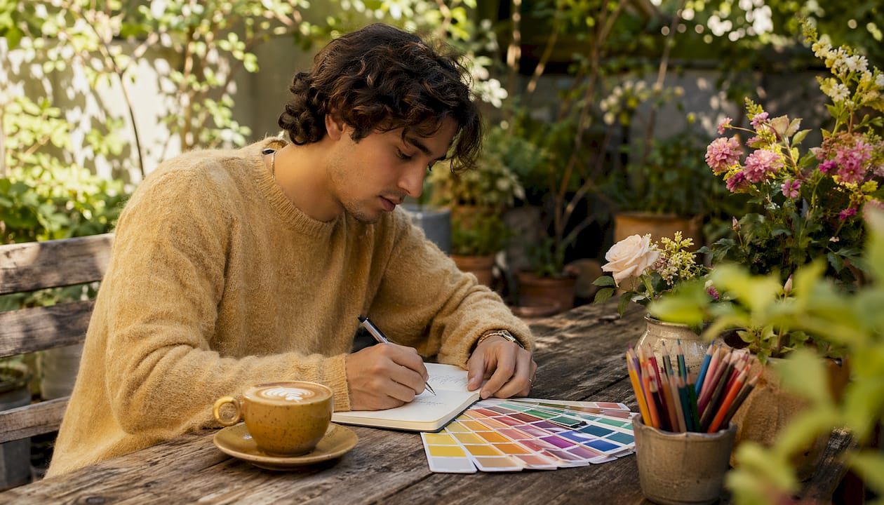 Hands working with color swatches and notes in café