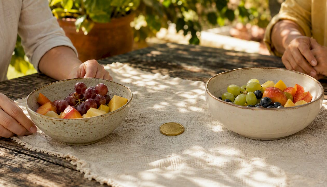 Lottery token and bowls symbolizing prize split