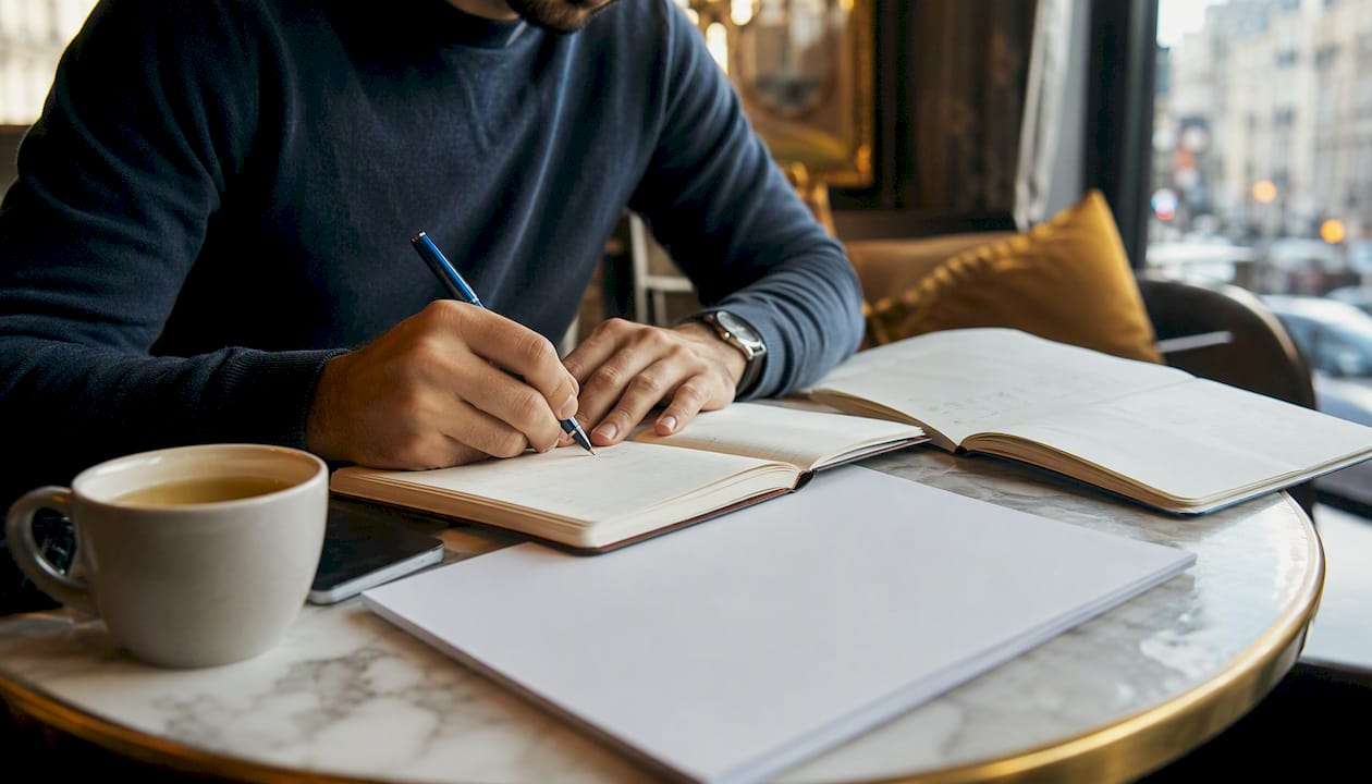 Hands writing sports data notes at wooden desk