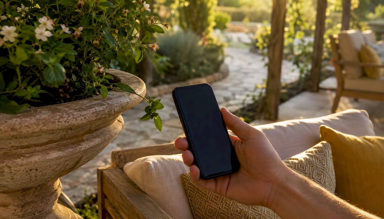 Hand holding smartphone with geolocation concept