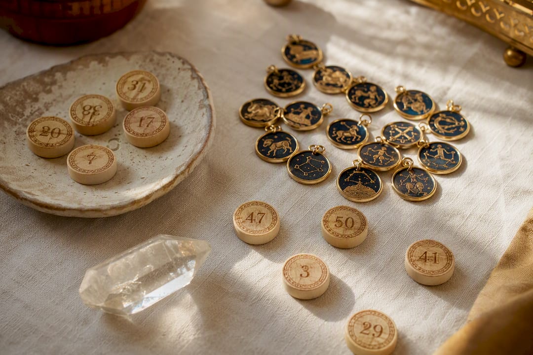Lottery tokens with zodiac charms on linen