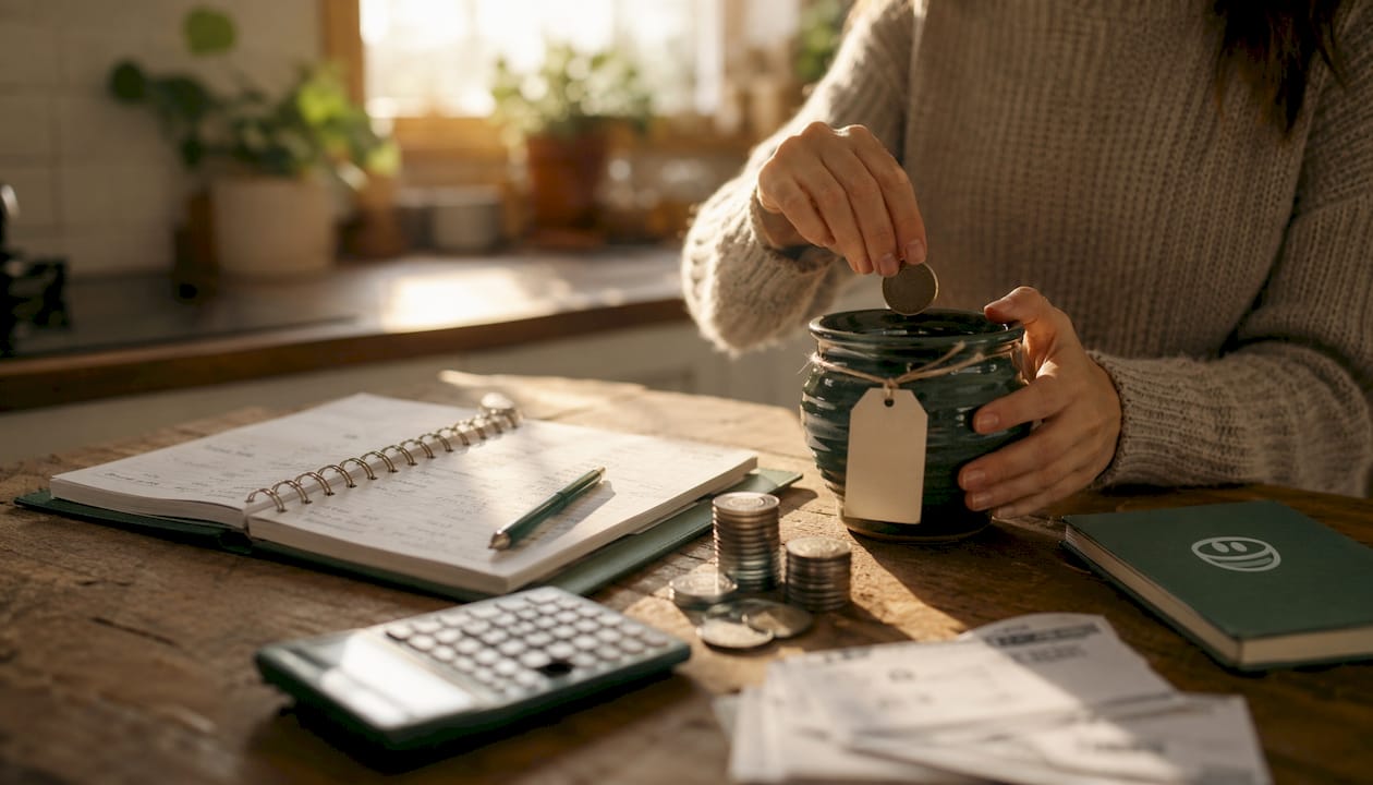 Hands depositing coins into down payment jar