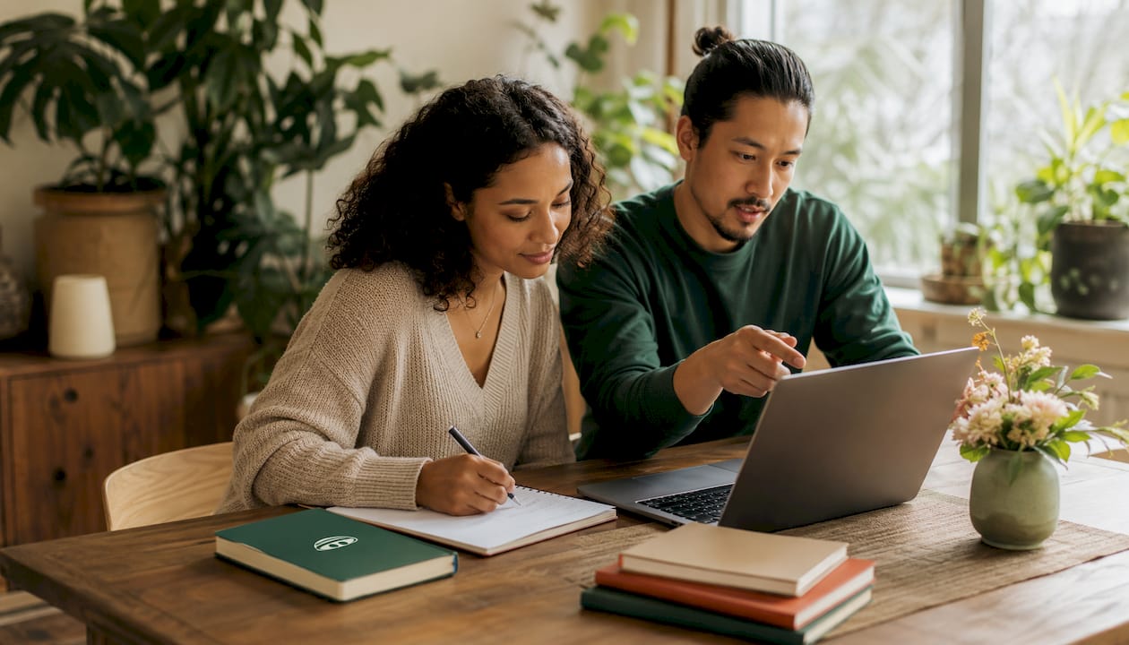 Couple collaborating on house hunting spreadsheet