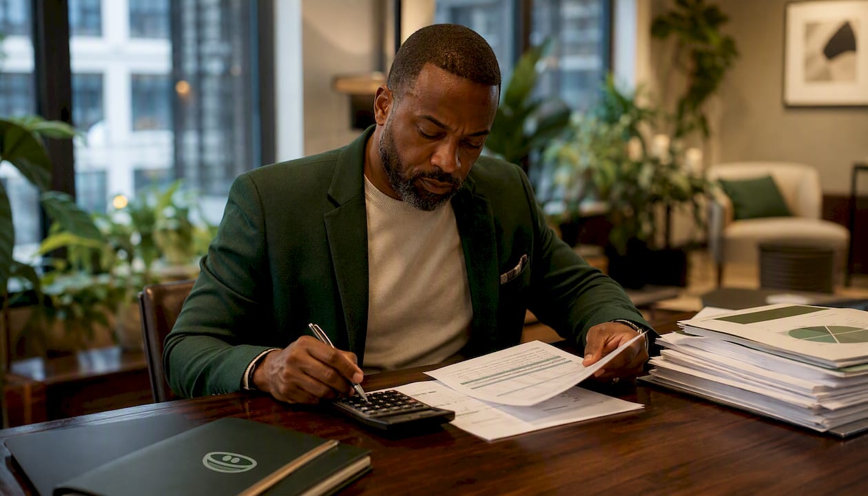 Agent reviewing pricing spreadsheets in office
