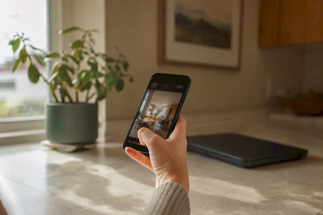 Hand holding phone ready to share blurred home photo